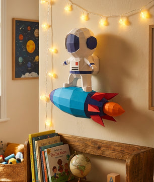 3D small astronaut on rocket papercraft polygonal paper figure 42x32x11 – DIY craft, modern geometric sculpture for wall décor