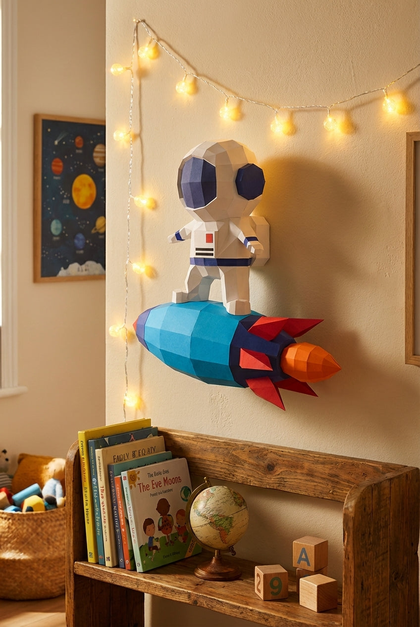 3D small astronaut on rocket papercraft polygonal paper figure 42x32x11 – DIY craft, modern geometric sculpture for wall décor