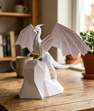 3D polygonal paper dragon figure to assemble on a rock 43x60x36 – DIY papercraft decorative kit, modern geometric sculpture for table or shelf - Mi tienda