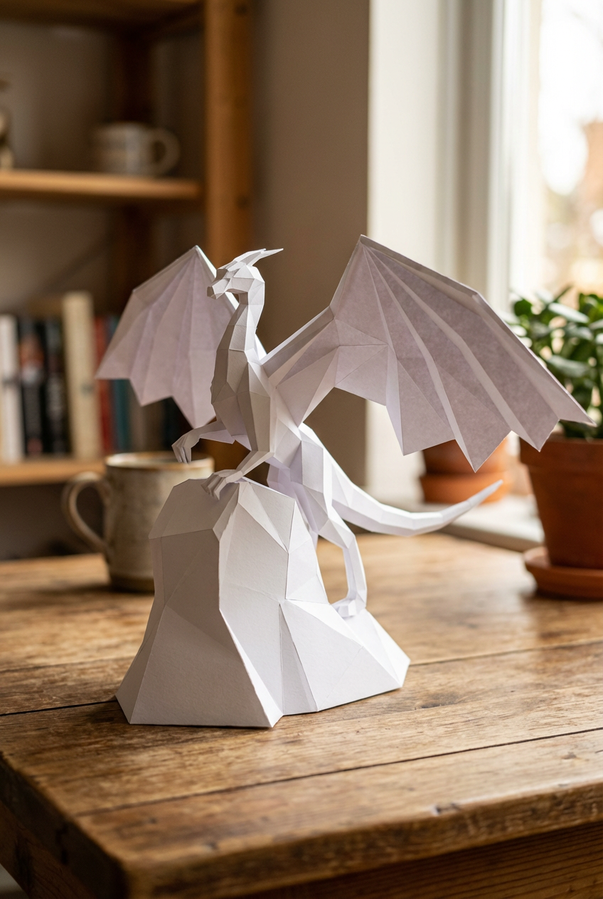 3D polygonal paper dragon figure to assemble on a rock 43x60x36 – DIY papercraft decorative kit, modern geometric sculpture for table or shelf - Mi tienda