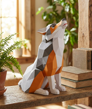 Wolf Sculpture 3D Papercraft Howling - Large Geometric Gray & Orange Wolf DIY Kit - 40cm Tall Low Poly Animal Wall/Table Decor - Mi tienda