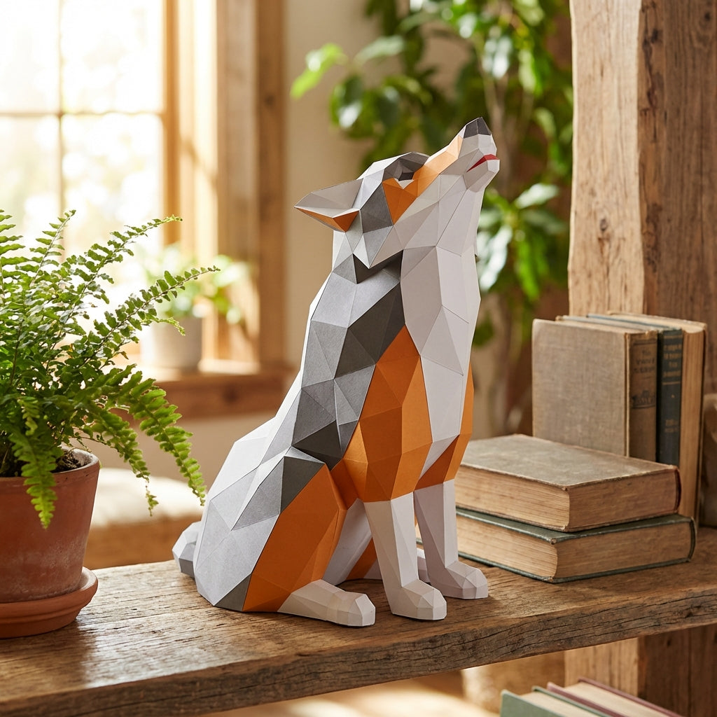 Wolf Sculpture 3D Papercraft Howling - Large Geometric Gray & Orange Wolf DIY Kit - 40cm Tall Low Poly Animal Wall/Table Decor - Mi tienda