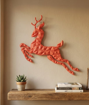 Modern flat deer wall papercraft, 56x57x2 cm geometric 3D polygonal silhouette, DIY creative kit for striking living room or hallway wall art, bold red home decor - Mi tienda