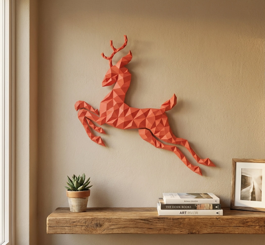 Modern flat deer wall papercraft, 56x57x2 cm geometric 3D polygonal silhouette, DIY creative kit for striking living room or hallway wall art, bold red home decor - Mi tienda
