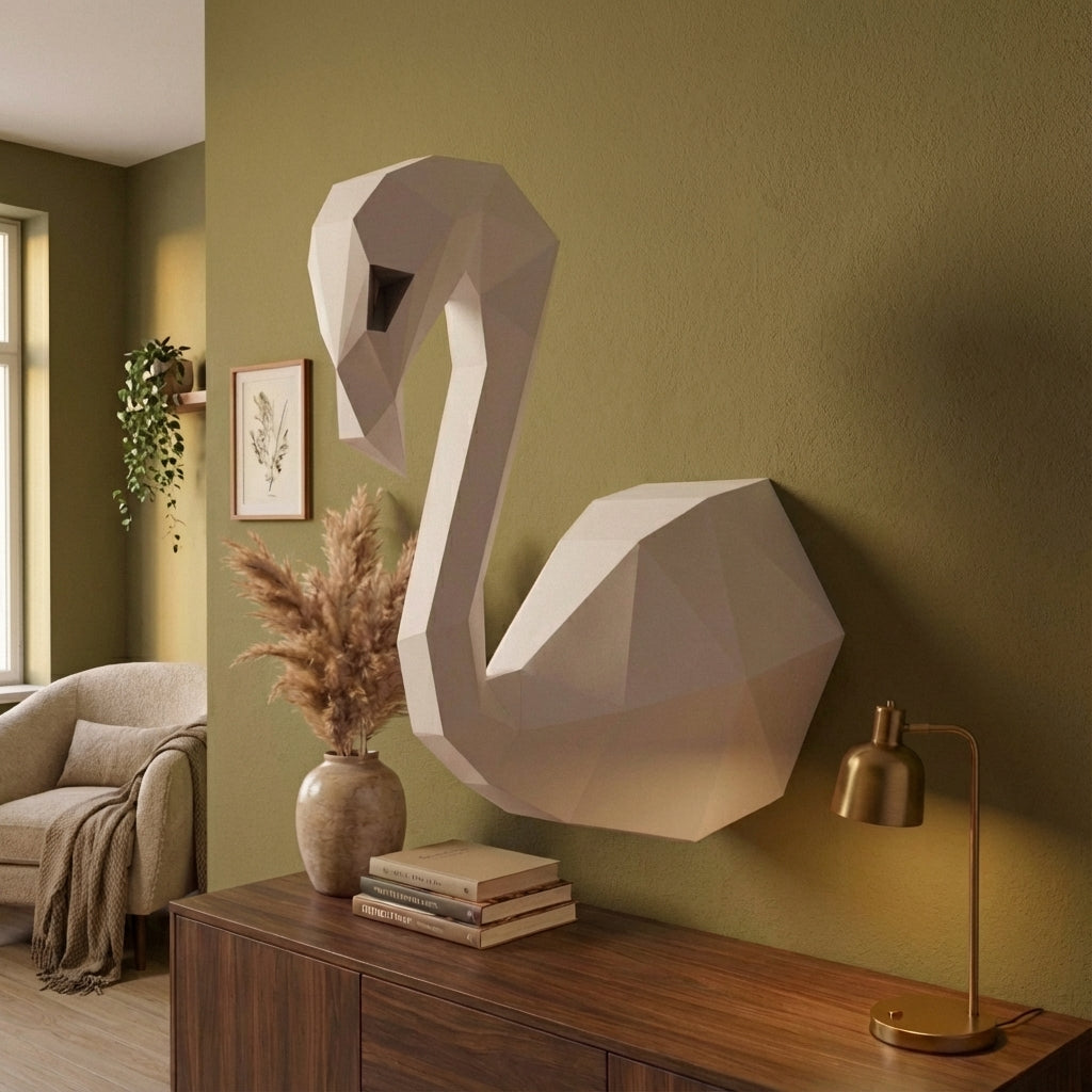 3D Wall Flamingo Papercraft wall flamingo papercraft kit! Polygonal paper art, 37x35x19 cm. Unique DIY wall decor - Mi tienda