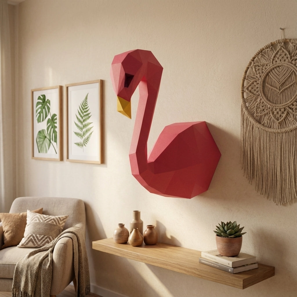 3D Wall Flamingo Papercraft wall flamingo papercraft kit! Polygonal paper art, 37x35x19 cm. Unique DIY wall decor - Mi tienda