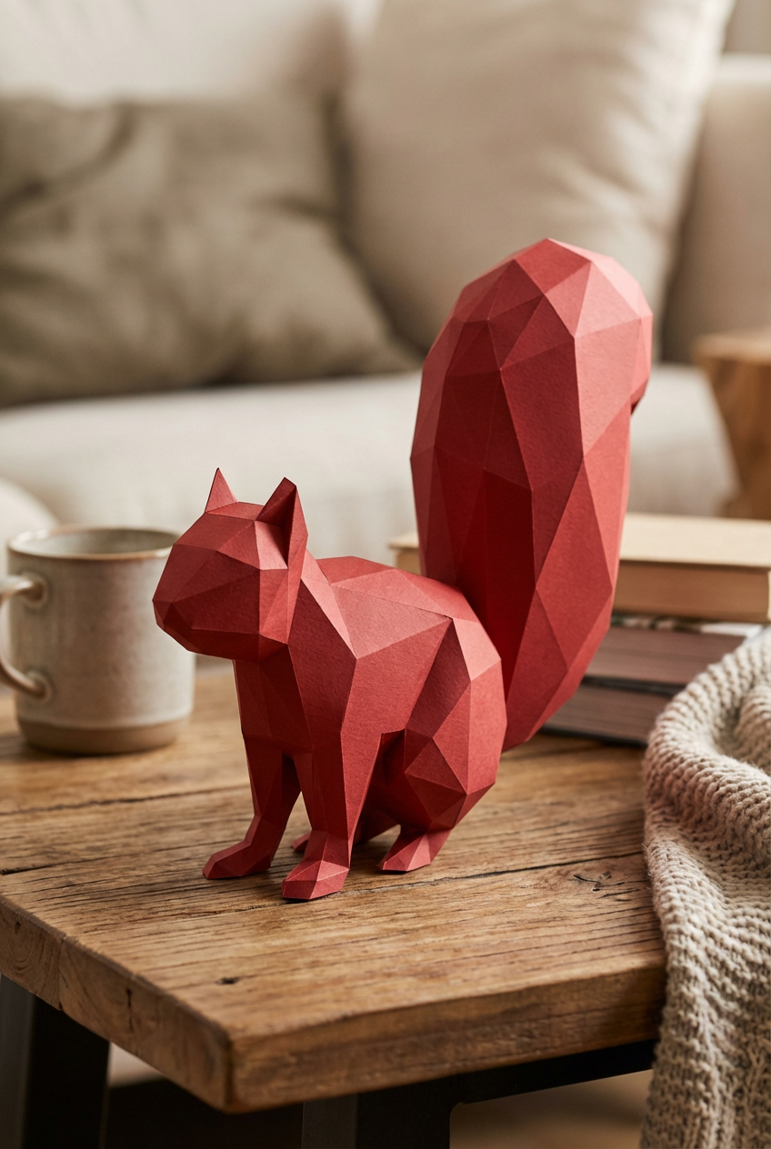 Ardilla Poligonal 3D de Papel para Montar 27x32x10– Kit Decorativo PaperCraft DIY, Escultura Moderna de Cartón, Decoración Geométrica para el Hogar