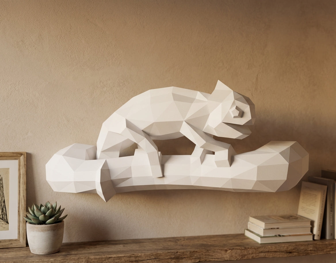 Geometric chameleon papercraft wall sculpture on branch, 3d polygonal lizard, 41x12x19 cm, creative diy kit for unique modern home or office decor - Mi tienda