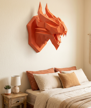 3D polygonal paper dragon head figure for assembly 40 x 29 x 25 – decorative papercraft DIY kit, modern geometric sculpture for wall above the bed - Mi tienda