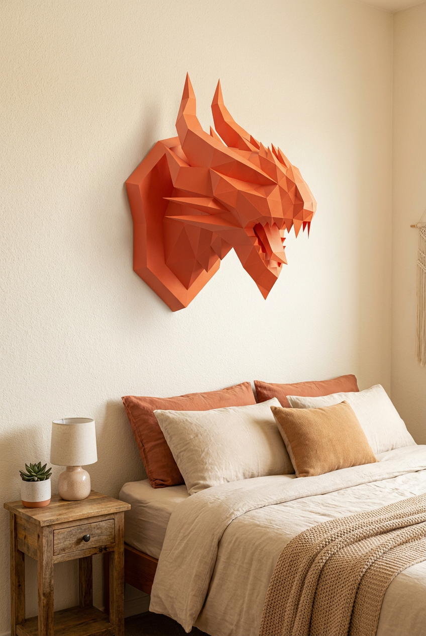 3D polygonal paper dragon head figure for assembly 40 x 29 x 25 – decorative papercraft DIY kit, modern geometric sculpture for wall above the bed - Mi tienda