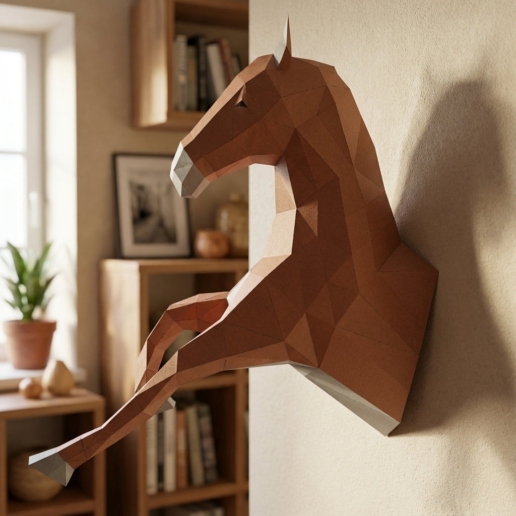 Cabeza de caballo para colgar en la pared papercraft 3D, escultura de papel poligonal DIY, 51x16x35 cm, 59 piezas – Decoración de pared geométrica, kit de montaje, trofeo de caballo decorativo para dormitorio juvenil