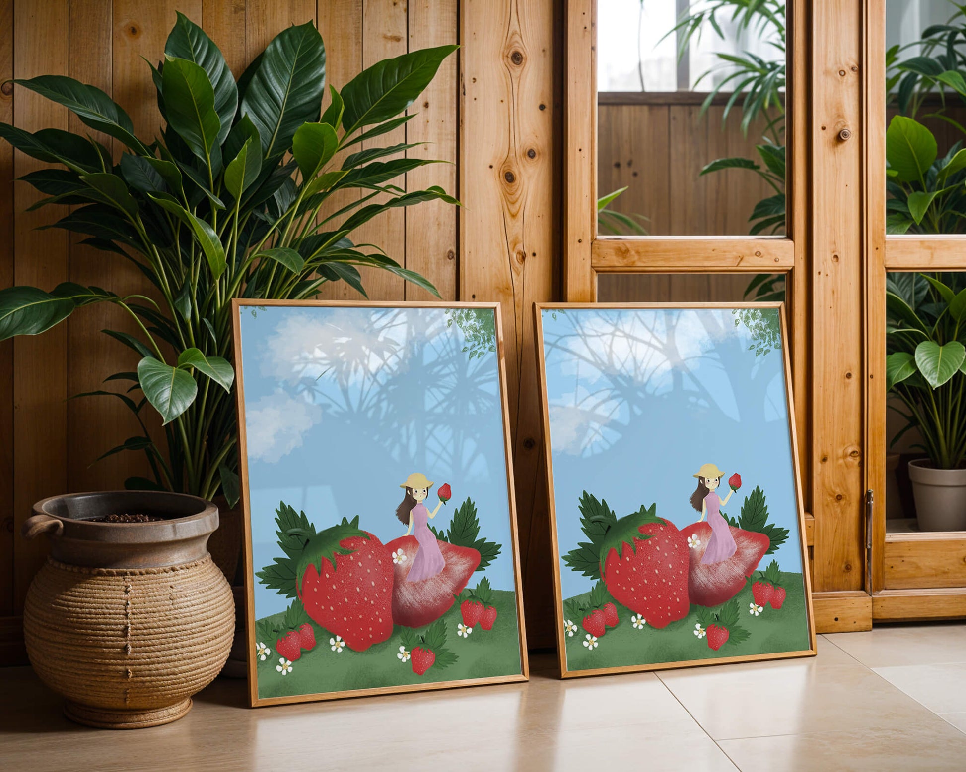 Charming illustration of a girl in a strawberry field