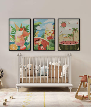 Ensemble d'illustrations estivales avec des fruits et des scènes tropicales