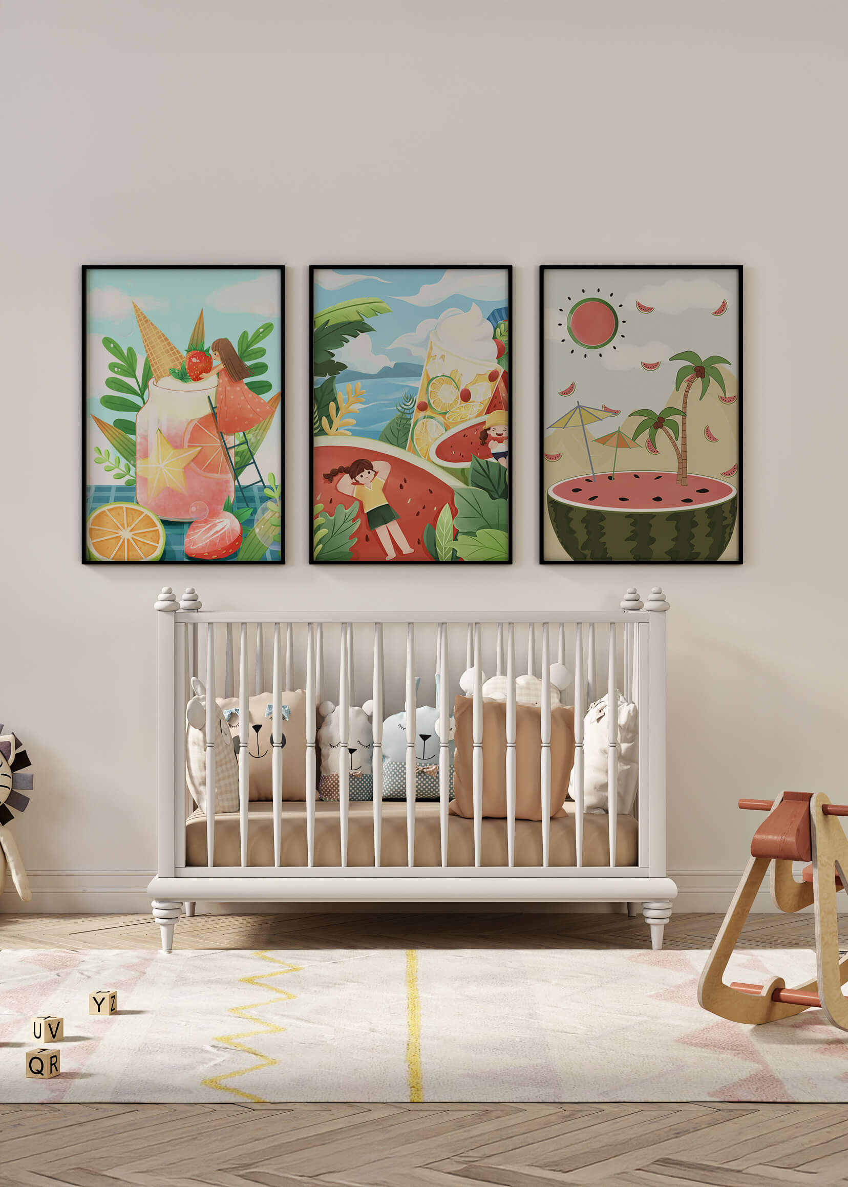 Conjunto de Ilustraciones Veraniegas con Frutas y Escenas Tropicales