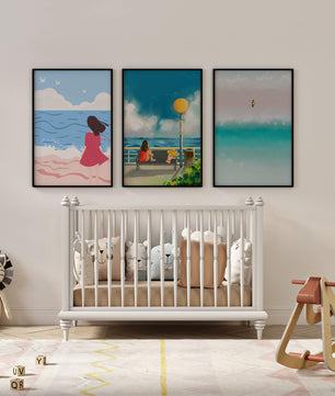 Tableaux minimalistes de plage et de mer avec personnages