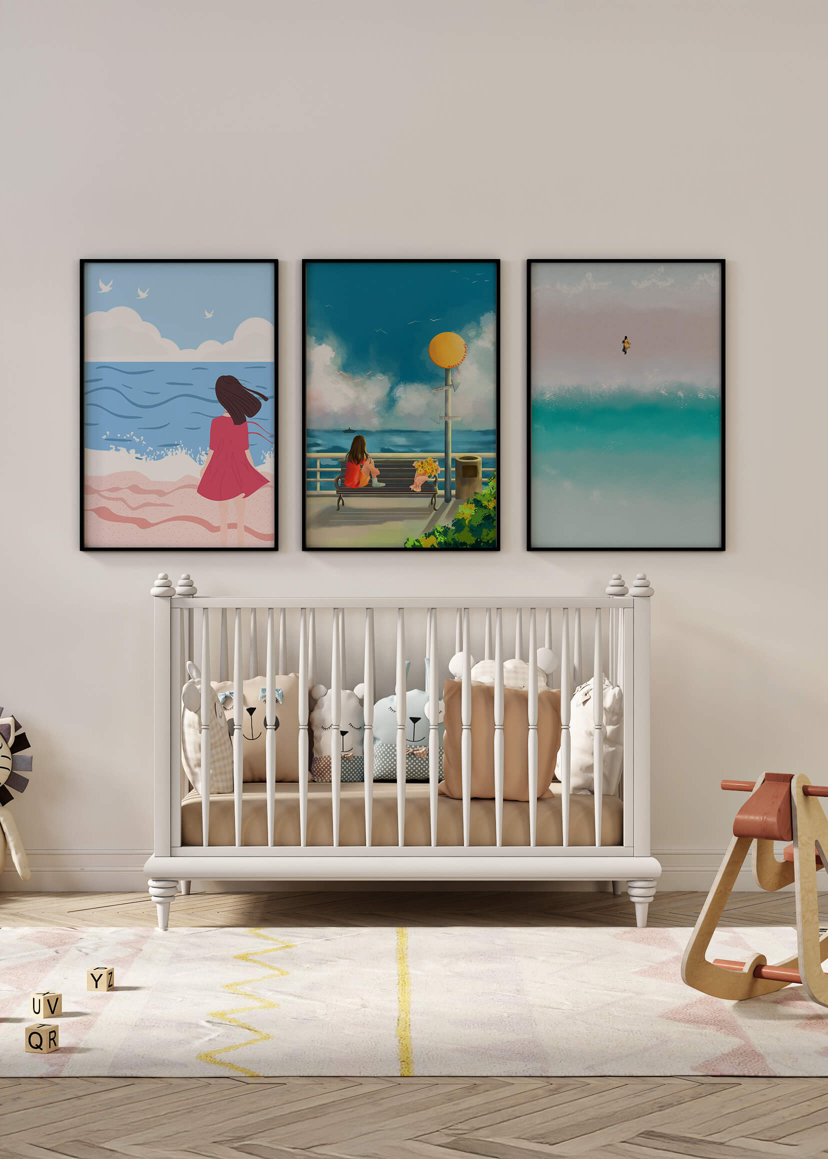 Cuadros Minimalistas de Playa y Mar con Personajes