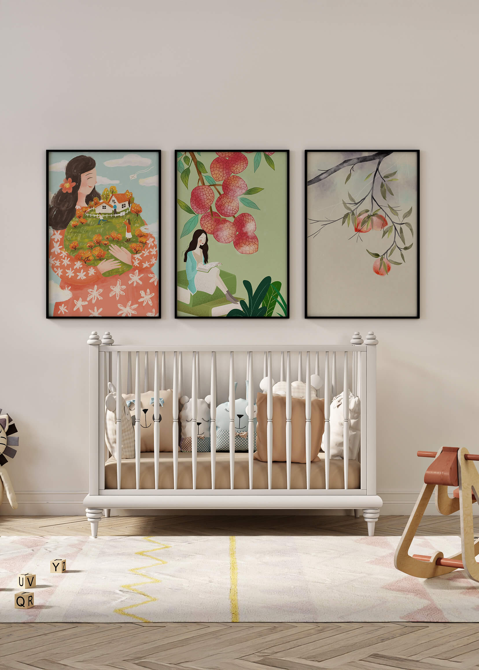 Triptyque d'art avec des éléments naturels et des figures du quotidien