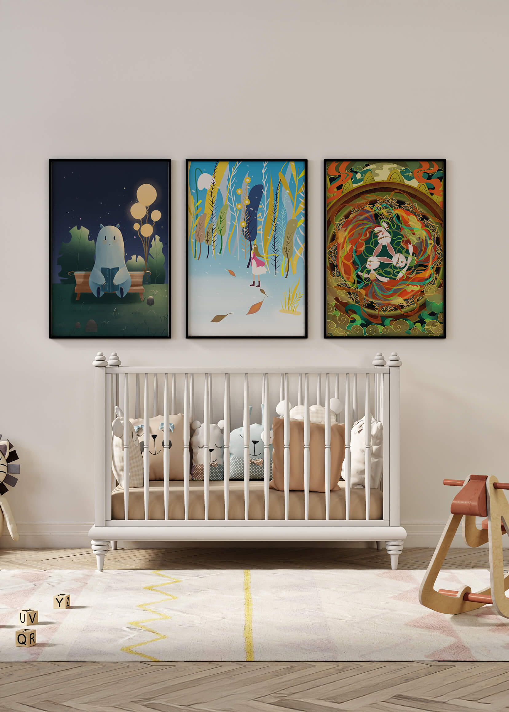 Conjunto De Tres Obras De Arte En Pared Con Elementos Dorados