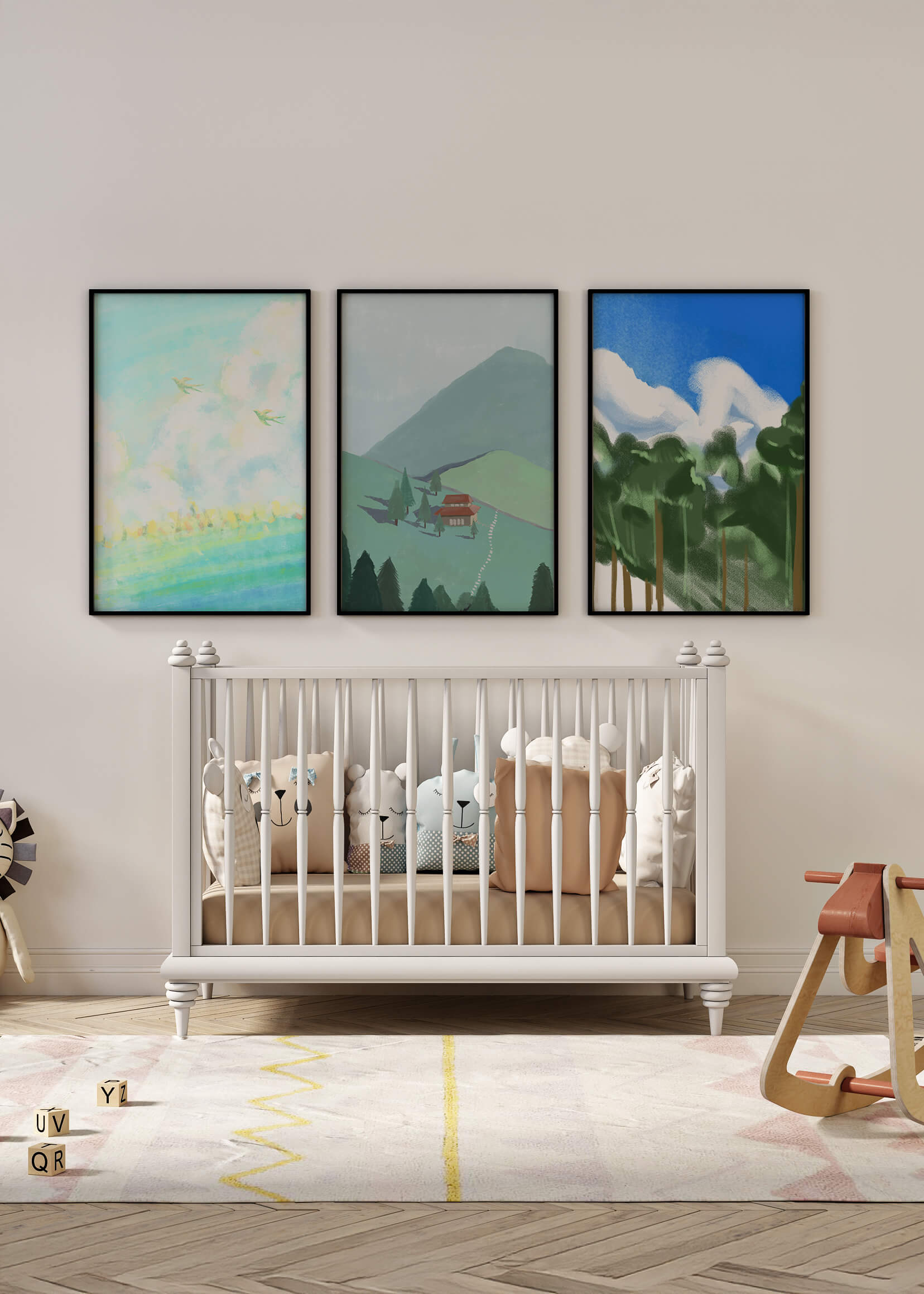 Jeu de trois œuvres d'art de paysage moderne sans cadre