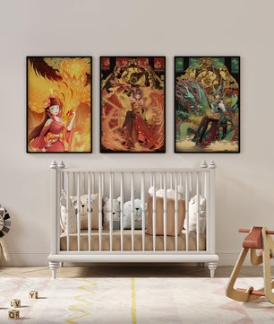 Fantasievolle Illustrationen mit mythologischen Motiven in leuchtenden Farben