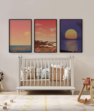 Ensemble de tableaux avec des paysages au coucher et au lever du soleil