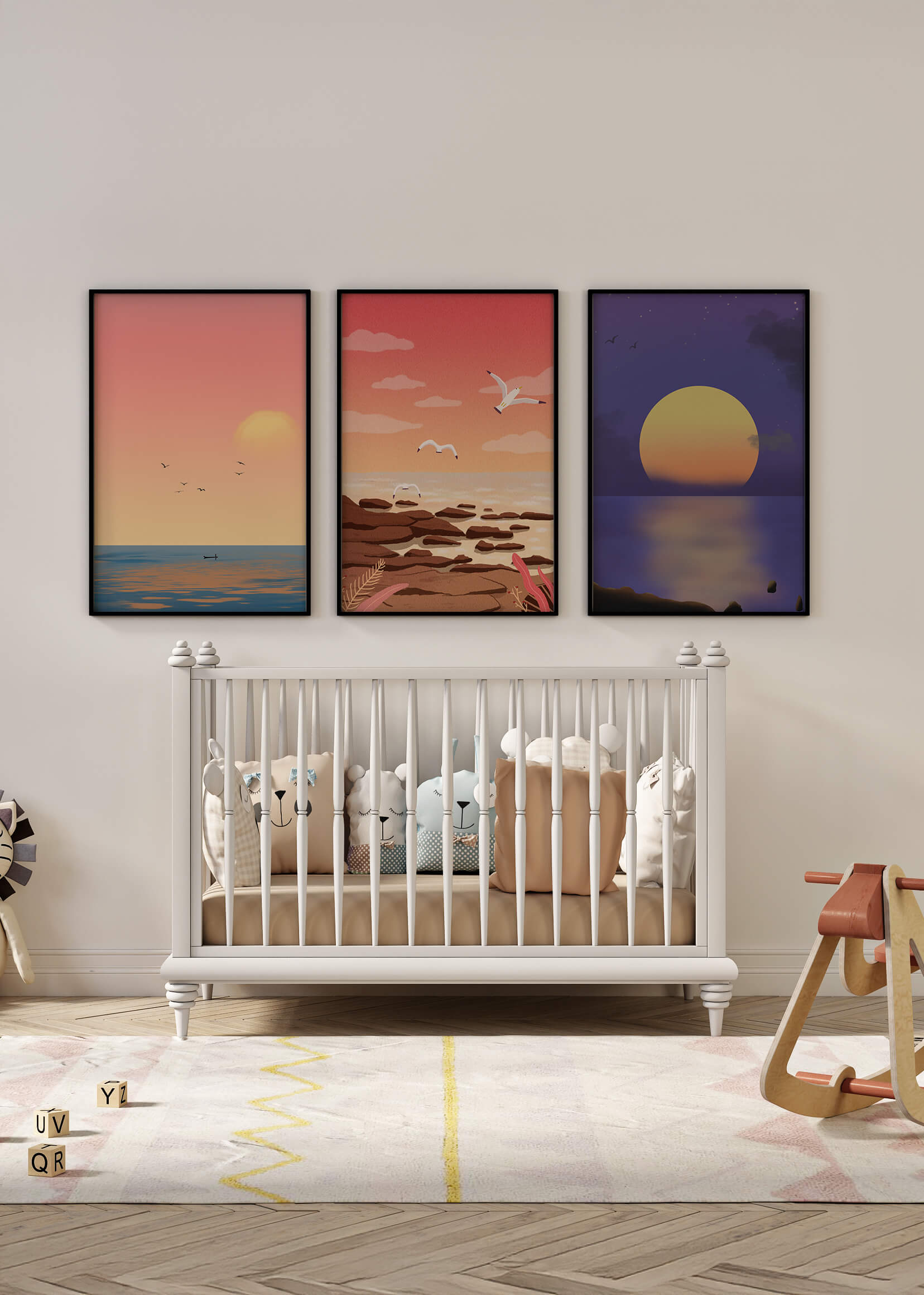 Ensemble de tableaux avec des paysages au coucher et au lever du soleil