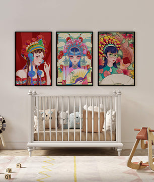 Bunte Postermotive im asiatischen Stil für modernes Interieur