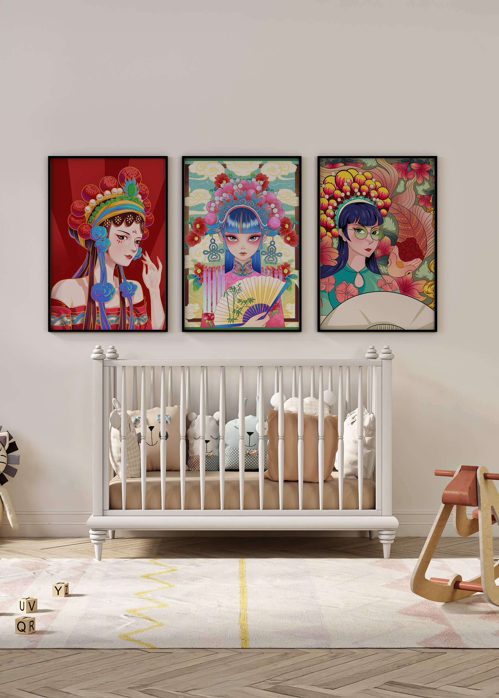 Bunte Postermotive im asiatischen Stil für modernes Interieur