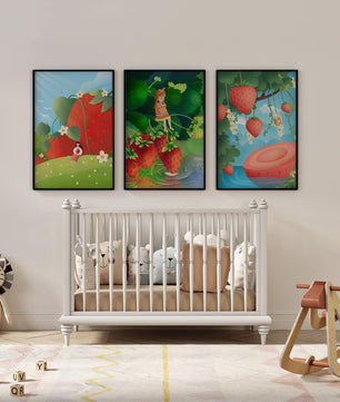 Ensemble d’illustrations de fraise avec une fillette dans un environnement naturel