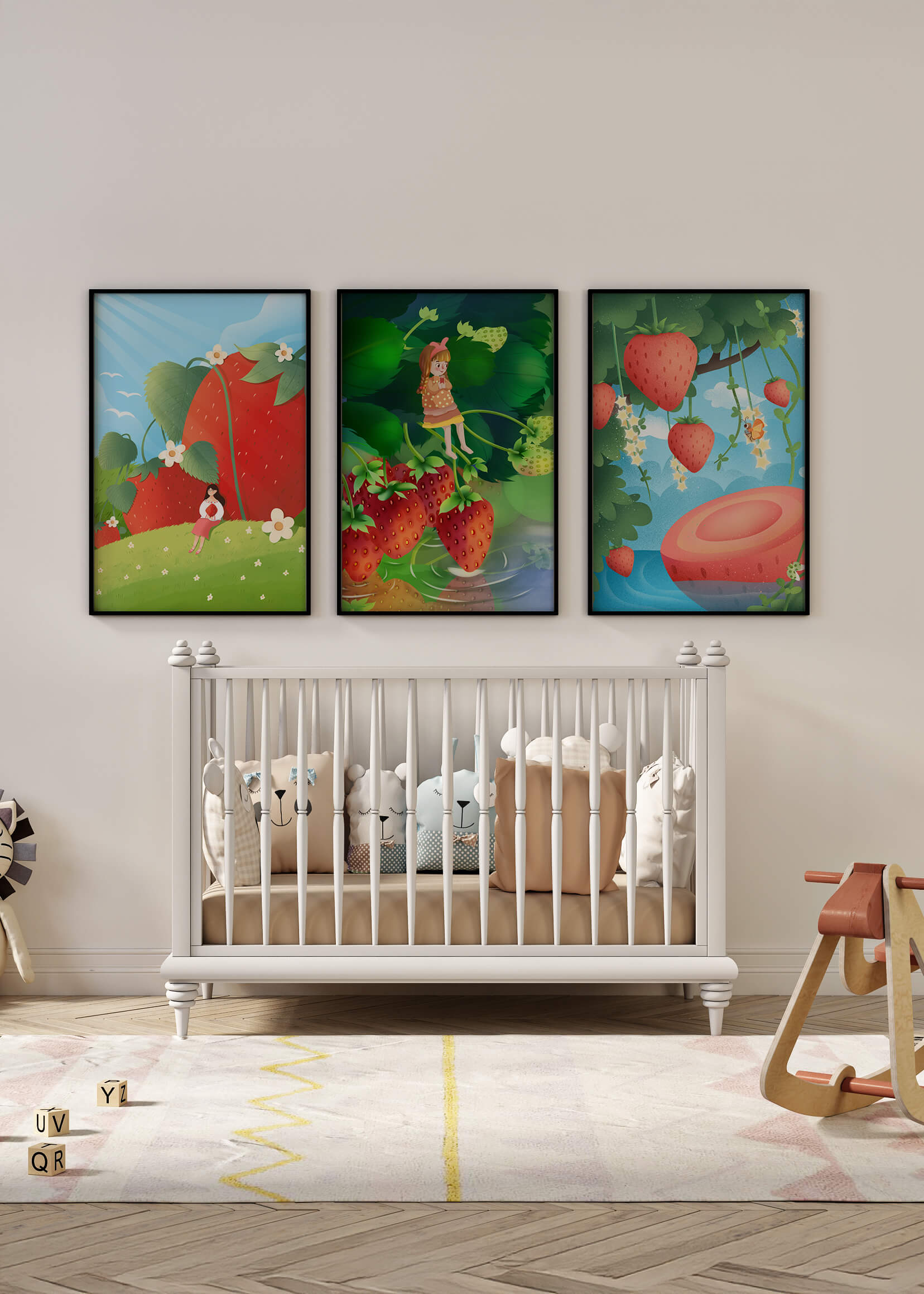 Ensemble d’illustrations de fraise avec une fillette dans un environnement naturel