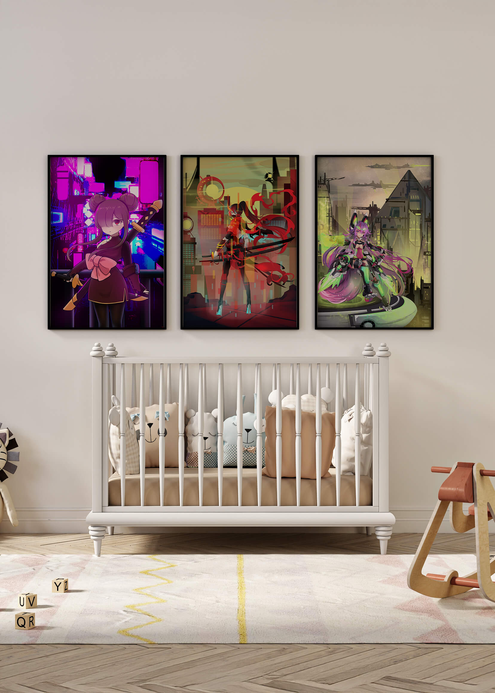 Exposición de Arte Digital con Temática Futurista en Pared de Galería