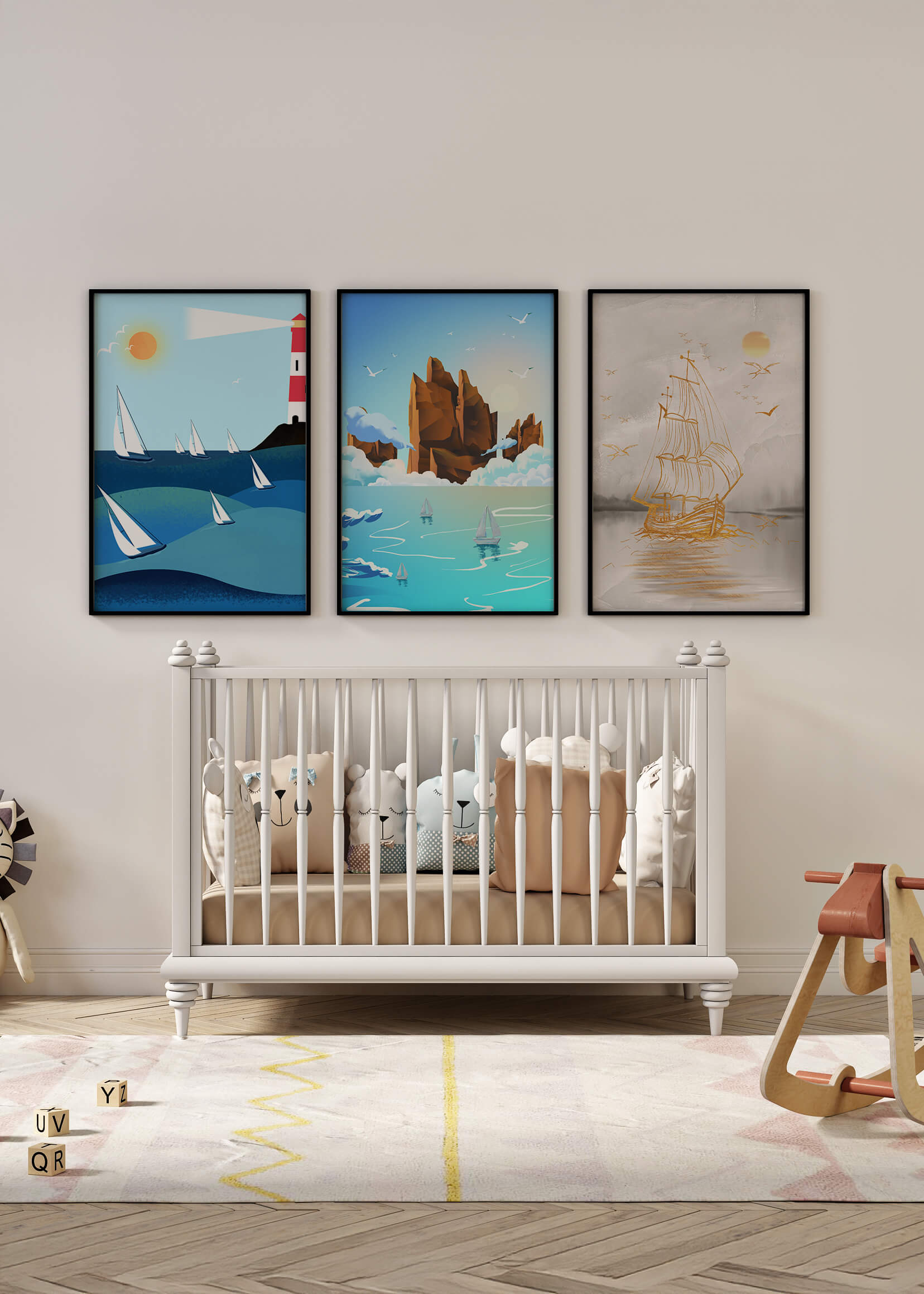 Triptyque de paysages marins avec bateaux et phare