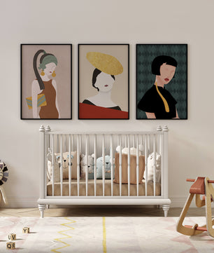 Trio de portraits modernes avec lignes douces et chapeaux exubérants