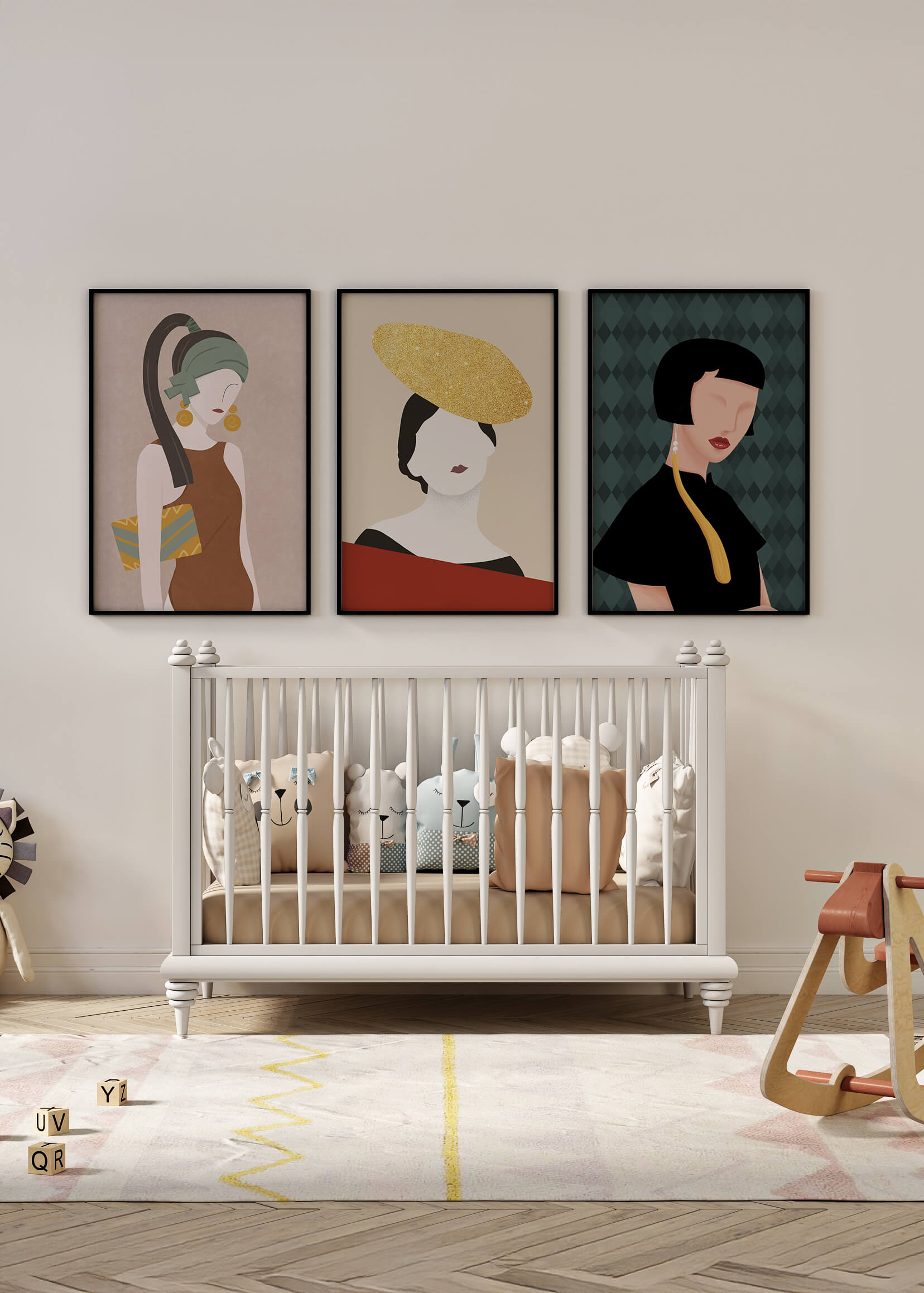 Trio de portraits modernes avec lignes douces et chapeaux exubérants