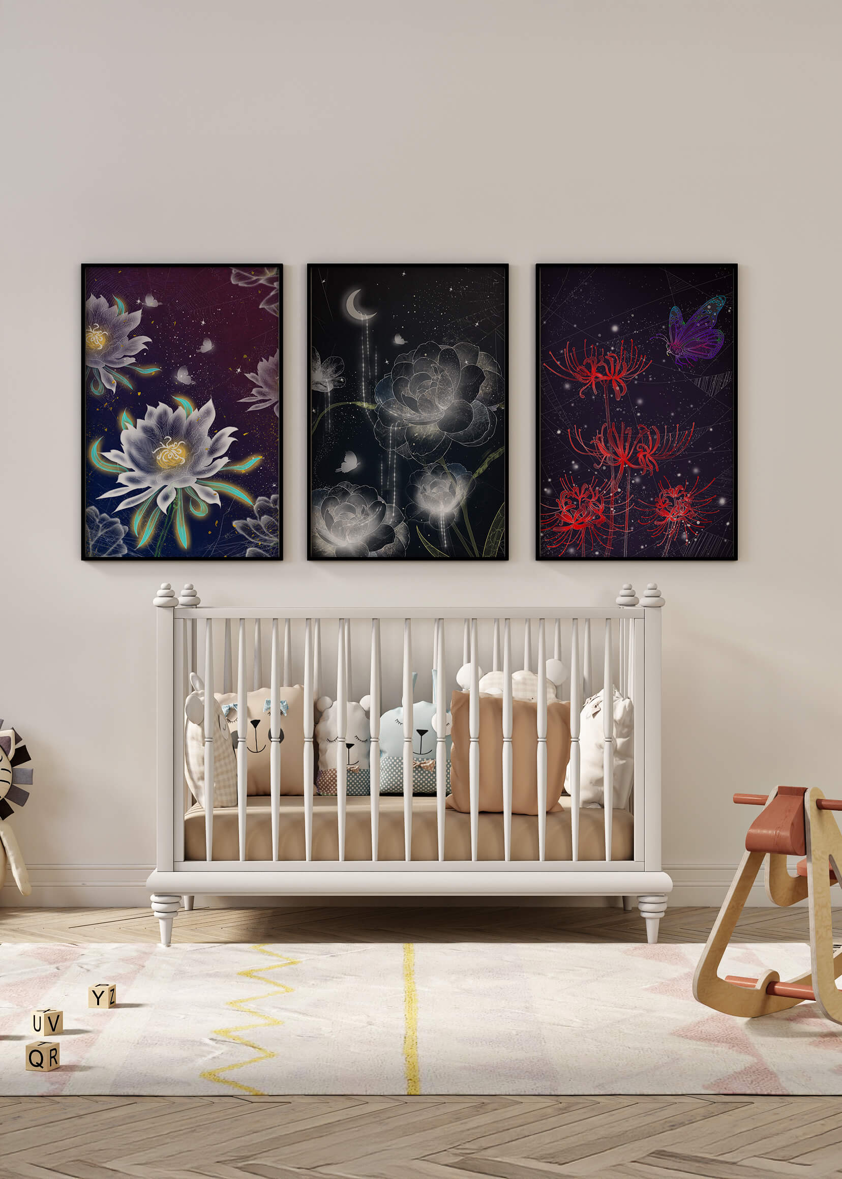 Pared Decorada con Conjunto de Tres Lienzos de Flores y Elementos Naturales