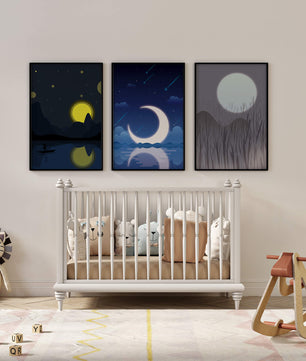 Paysages nocturnes avec lune et étoiles dans des cadres