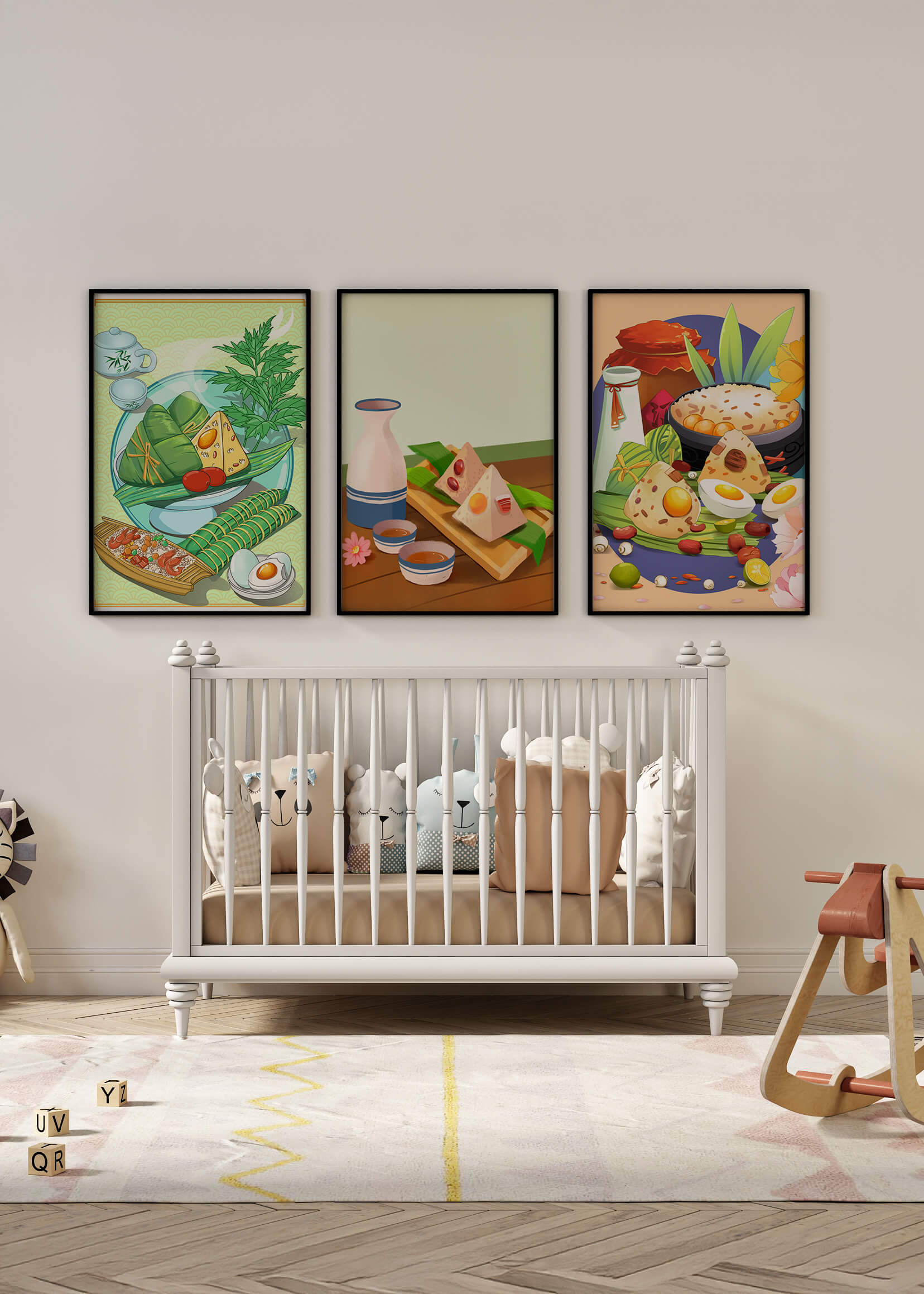Illustrations de cuisine asiatique dans des cadres en bois