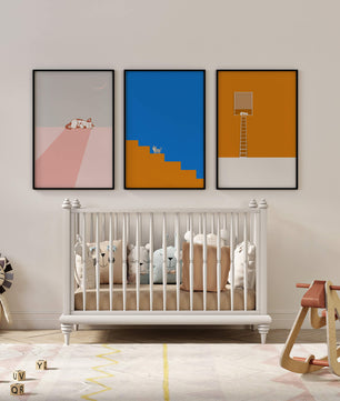 Ensemble de trois tableaux avec des figures géométriques et un chat