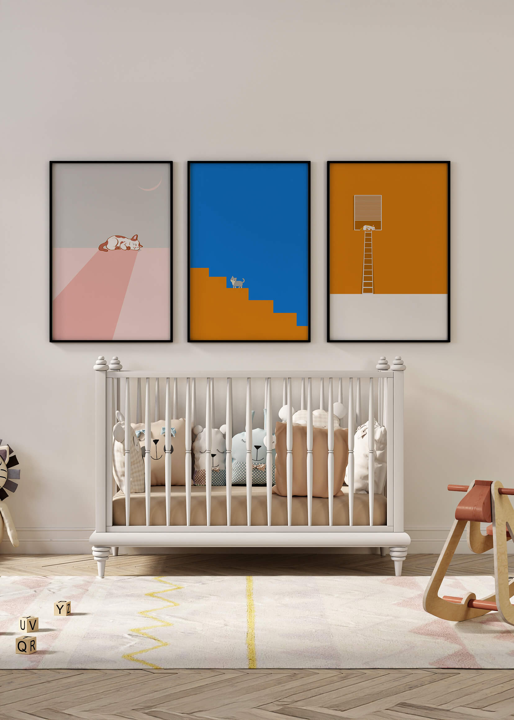 Ensemble de trois tableaux avec des figures géométriques et un chat
