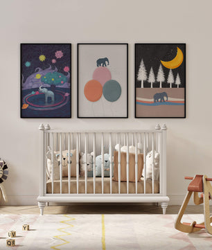 Triptyque d’illustrations avec des motifs d’éléphants et de paysages fantastiques