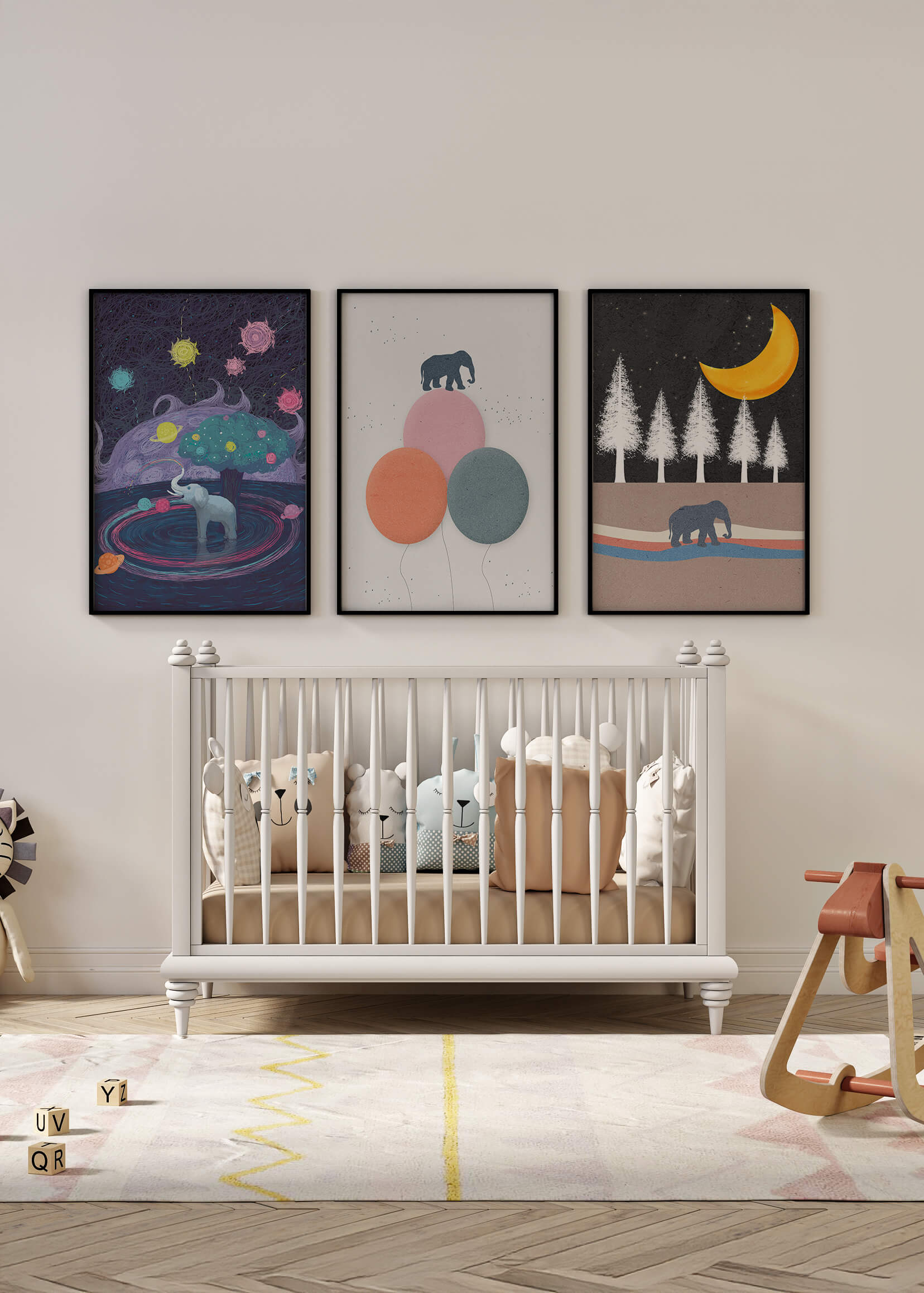 Tríptico de Ilustraciones con Motivos de Elefantes y Paisajes Fantásticos