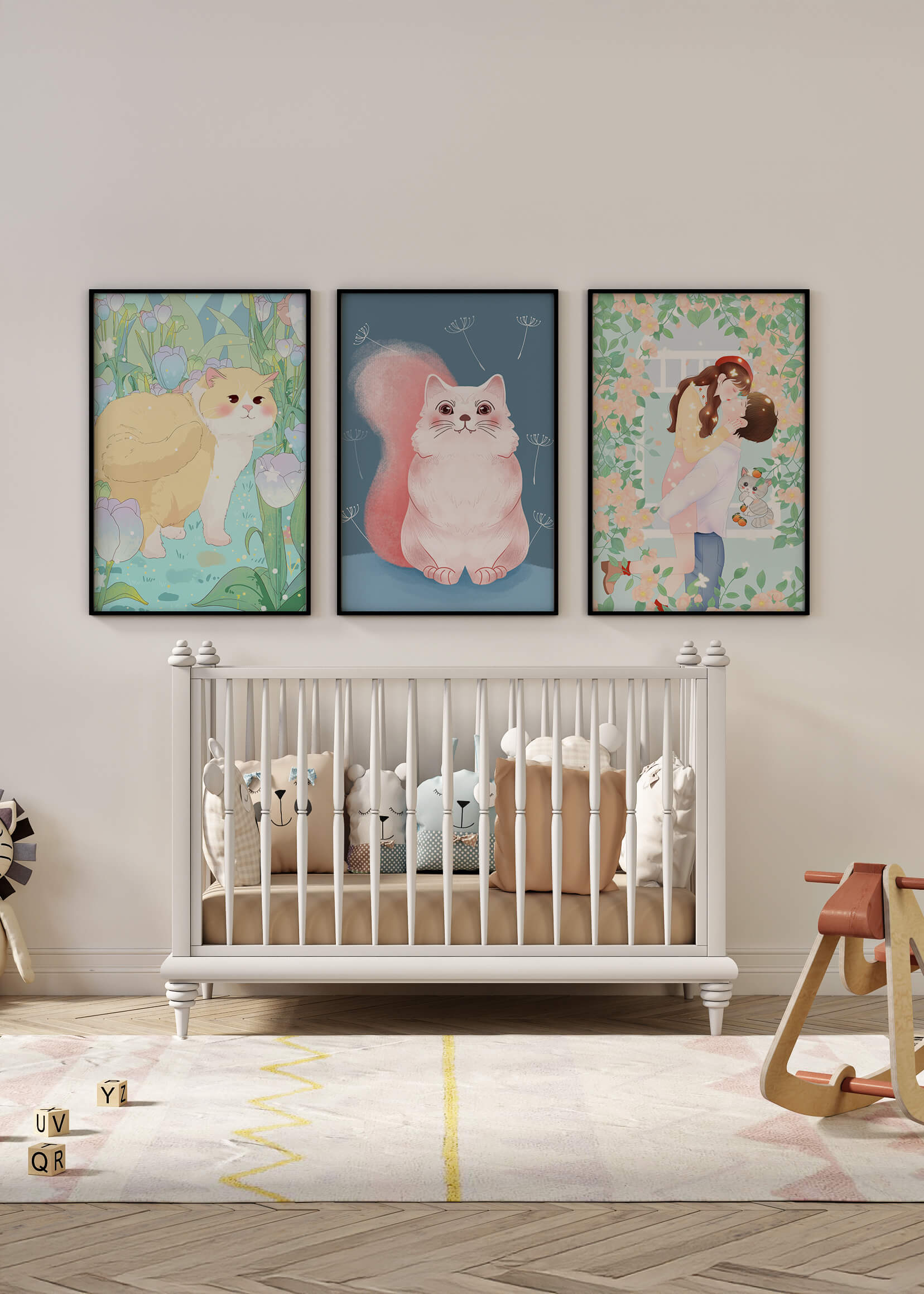Ensemble de trois tableaux avec des chats et un design floral dans des tons pastel