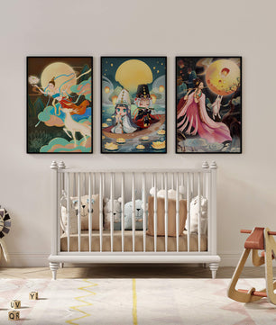Peintures fantastiques avec lune pleine et personnages mythologiques