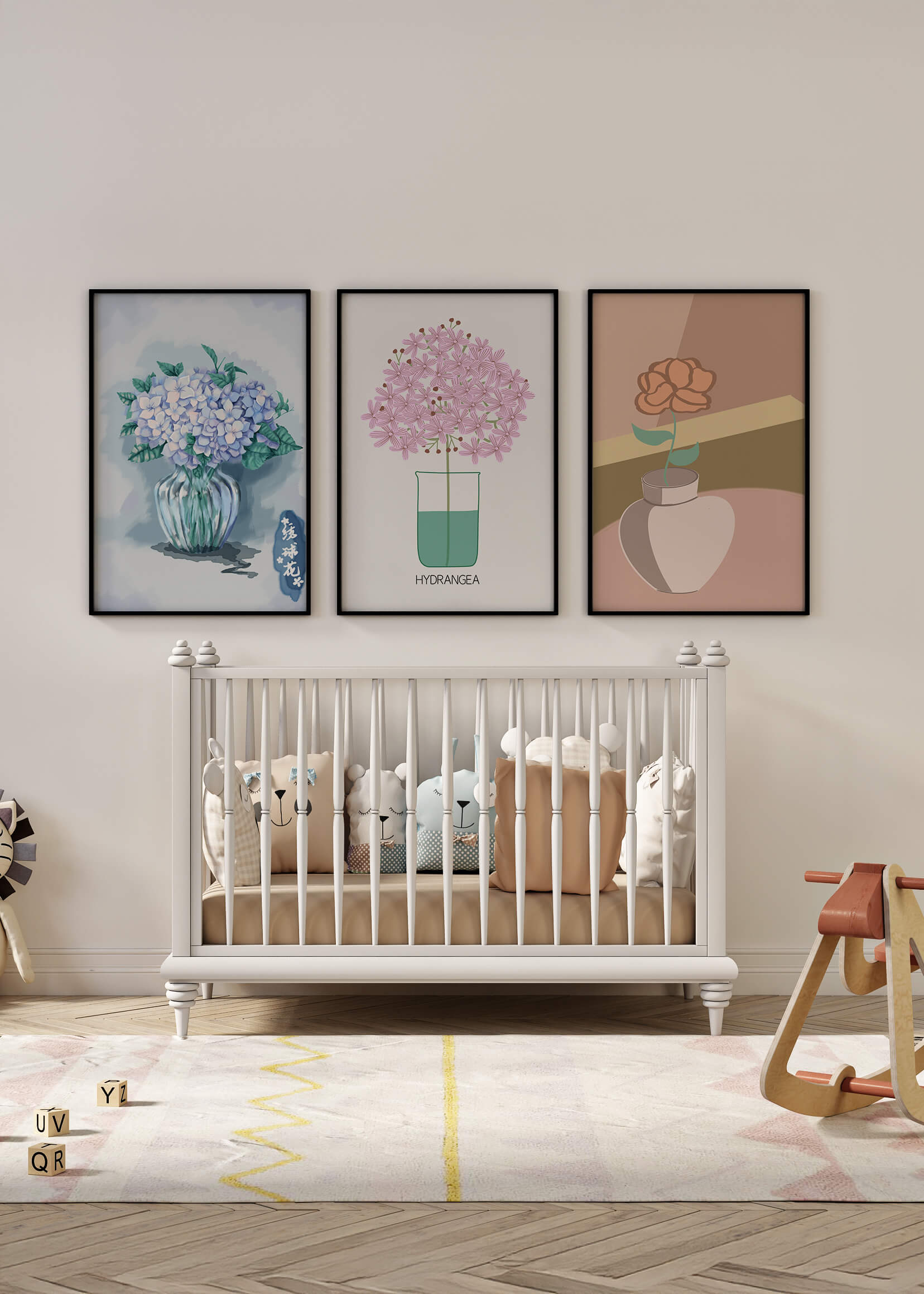 Conjunto De Impresiones Artísticas Con Flores En Marcos De Madera