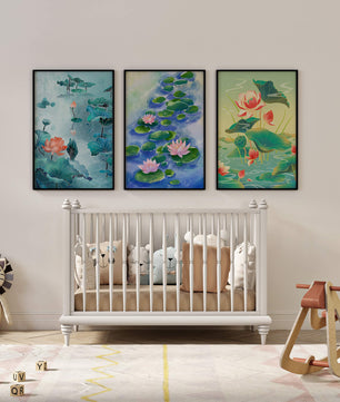 Triptyque d'aquarelles de fleurs de lotus au design moderne
