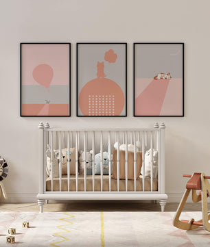 Triptyque minimaliste avec chats et ballon en ton rose
