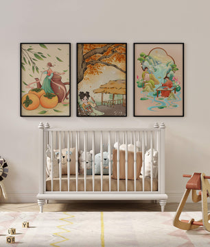 Set asiatischer Kunst auf Leinwänden ohne Rahmen mit natürlichen Motiven