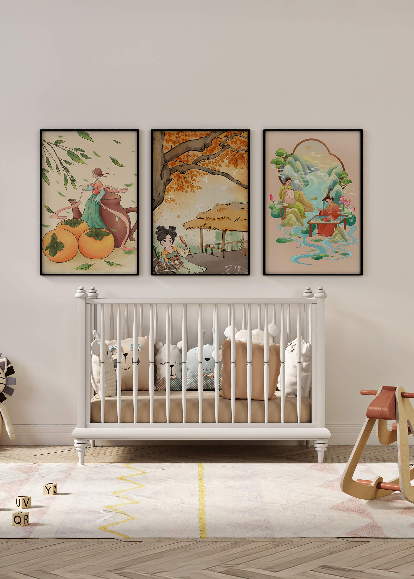 Set asiatischer Kunst auf Leinwänden ohne Rahmen mit natürlichen Motiven