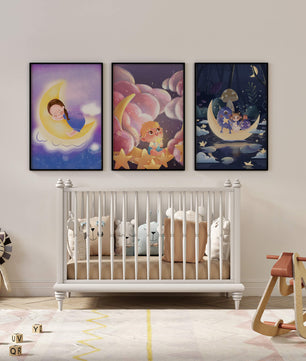 Triptyque d’art pour enfants sur le thème de la lune et des étoiles
