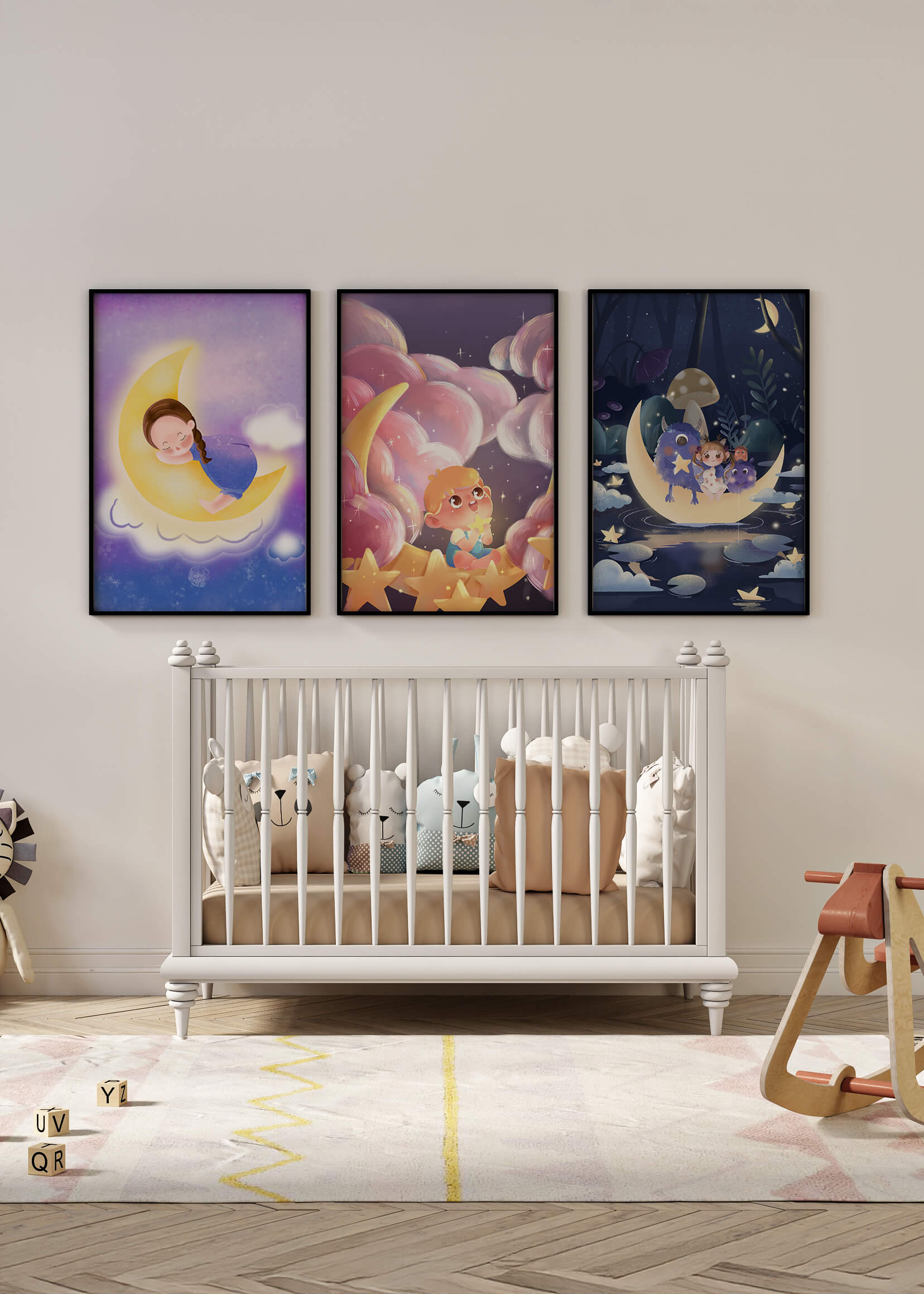 Tríptico de Arte Infantil con Temática de Luna y Estrellas